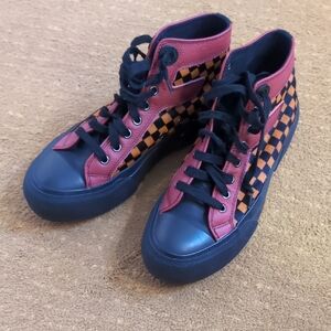 John Fluevog Red and Black Checkered Sneakers
